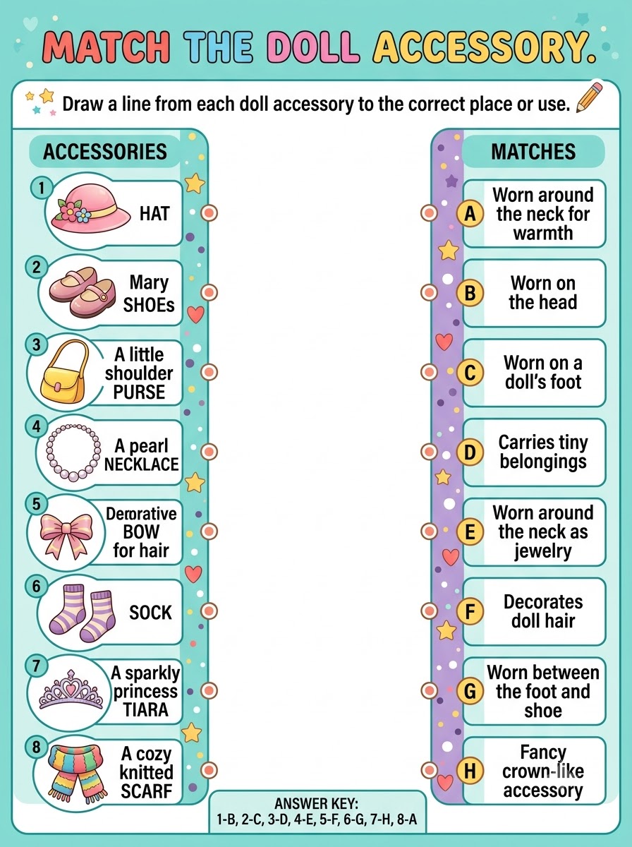 Match the Doll Accessory — draw-a-line matching activity with accessories and usage descriptions